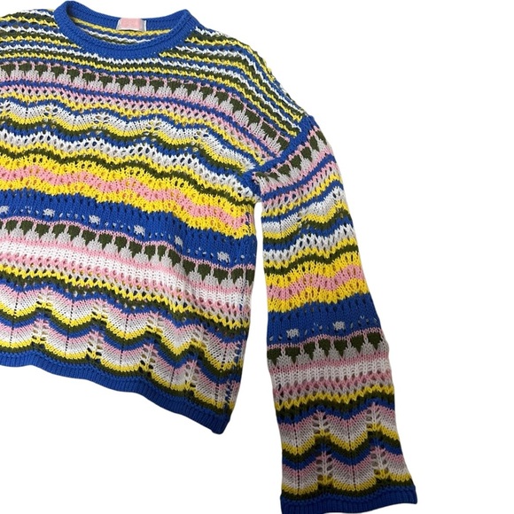C+D+M‎ Crochet Muti-Color Bohemian Sweater Flared Sleeve Scallop Hem Size Medium - Picture 11 of 16
